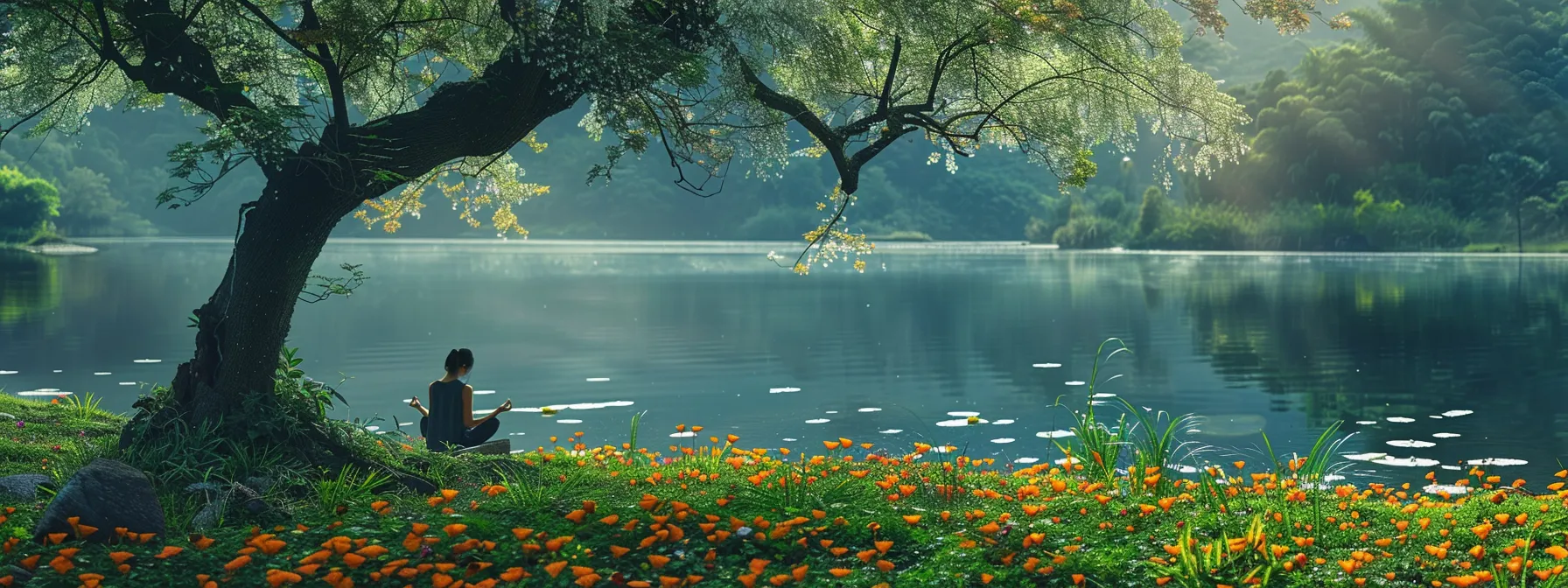 a person sitting in deep meditation under a peaceful tree near a serene lake, surrounded by a field of vibrant flowers.