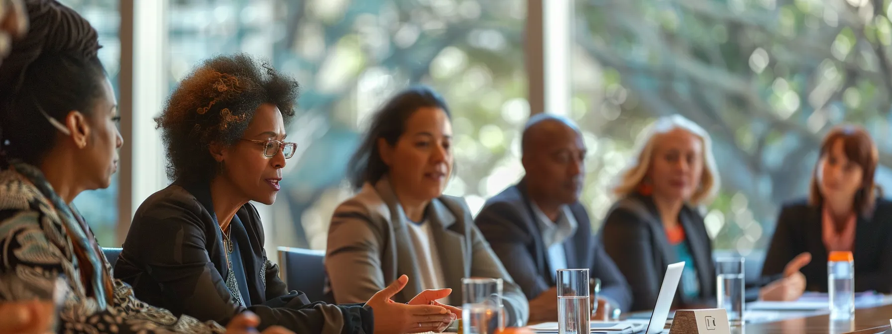 a group of individuals engaged in a discussion at a review meeting, focused on evaluating progress indicators related to combating climate change and addressing institutional racism.