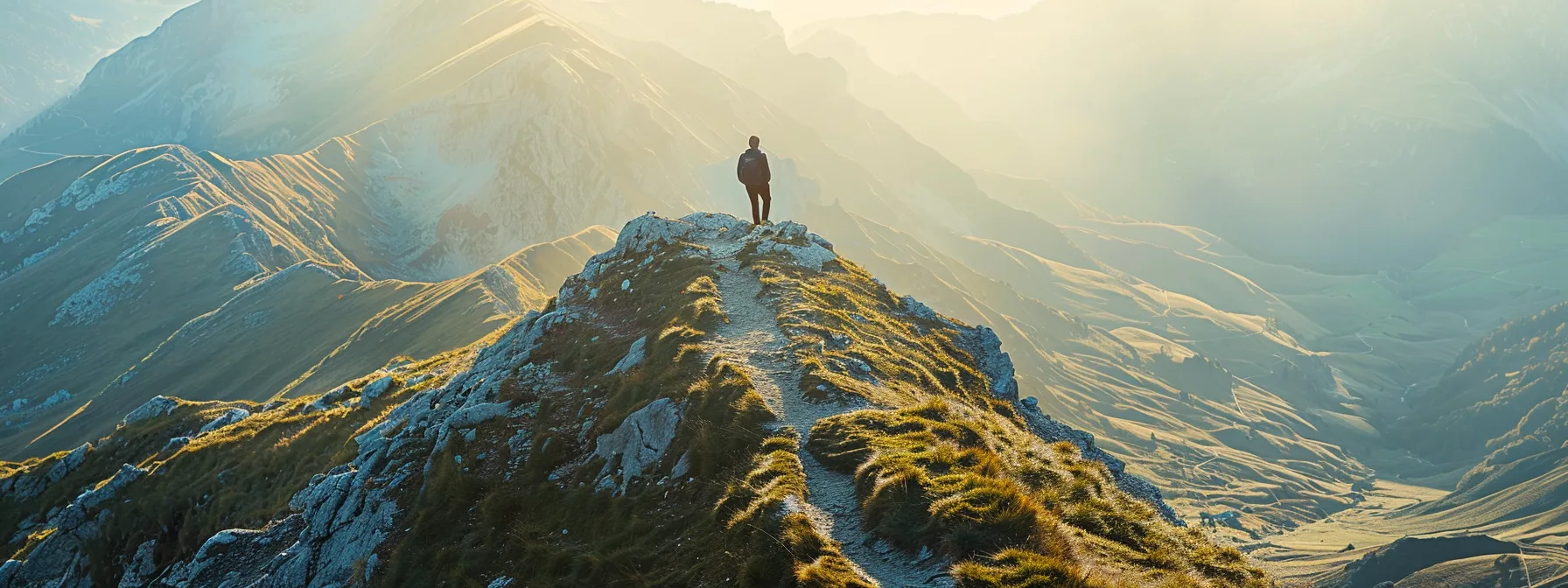 a person standing atop a mountain, looking out at a vast landscape, with a clear pathway leading towards the horizon.