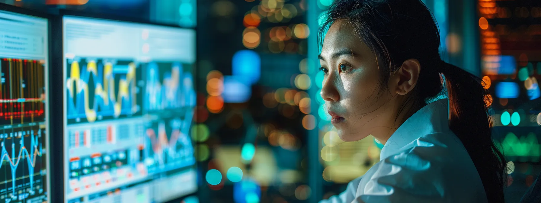 a scientist analyzing data on a computer screen in a high-tech laboratory.