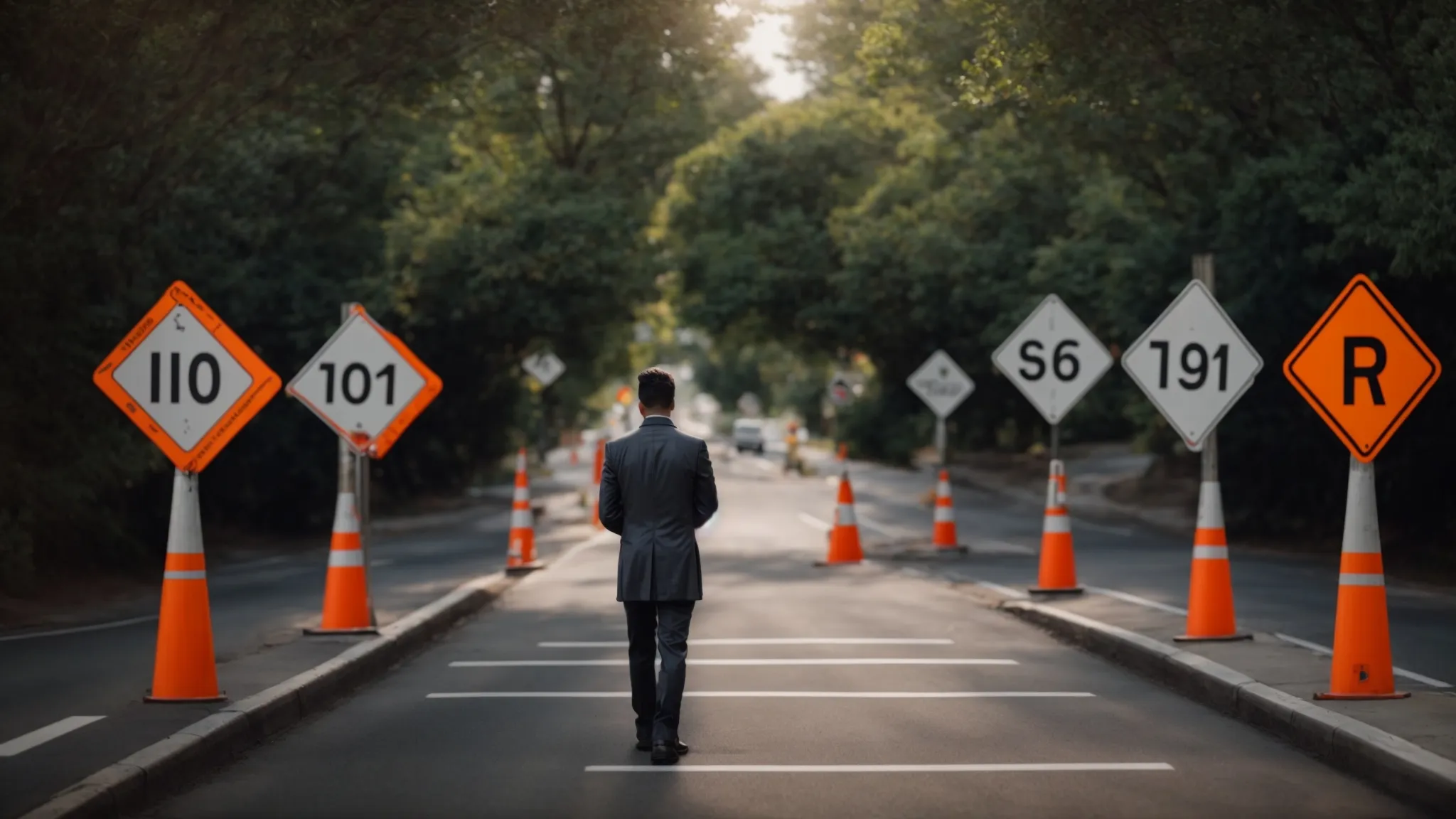 a person surrounded by flexible and rigid road signs, symbolizing the contrast between a growth mindset and a fixed mindset in planning success.