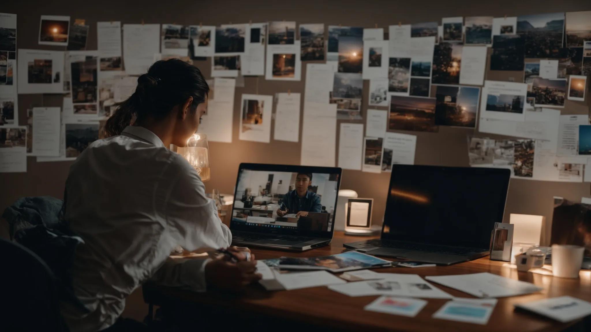 a person sitting at a desk surrounded by motivational quotes and pictures, creating a vision board for their personalized goal setting action plan.