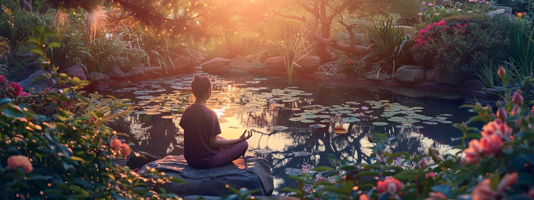 a person meditating in a serene garden, surrounded by blooming flowers and a tranquil pond, embodying peace and inner strength through quantum healing practices.