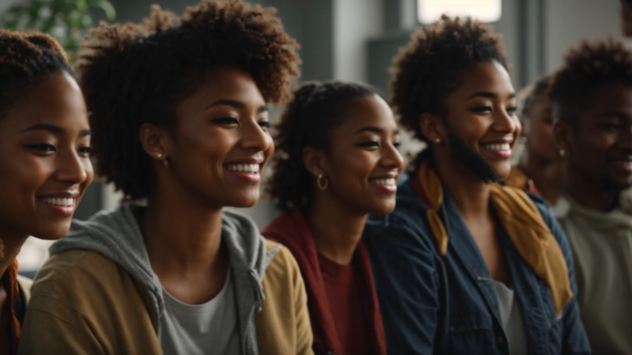 a group of diverse individuals supporting each other and radiating positivity in a brightly lit room.