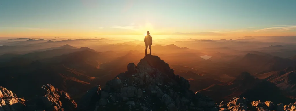 a person standing on top of a mountain, looking out into the vast horizon with a sense of accomplishment and determination.