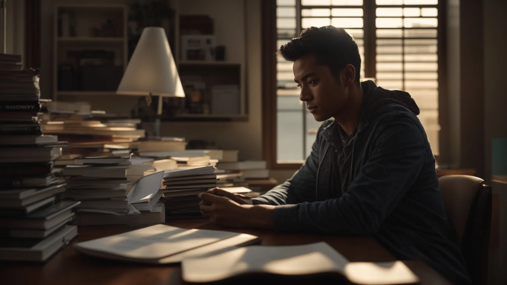 a person sitting at a desk, deep in thought, surrounded by notebooks and a calendar, reflecting on their goals and priorities.