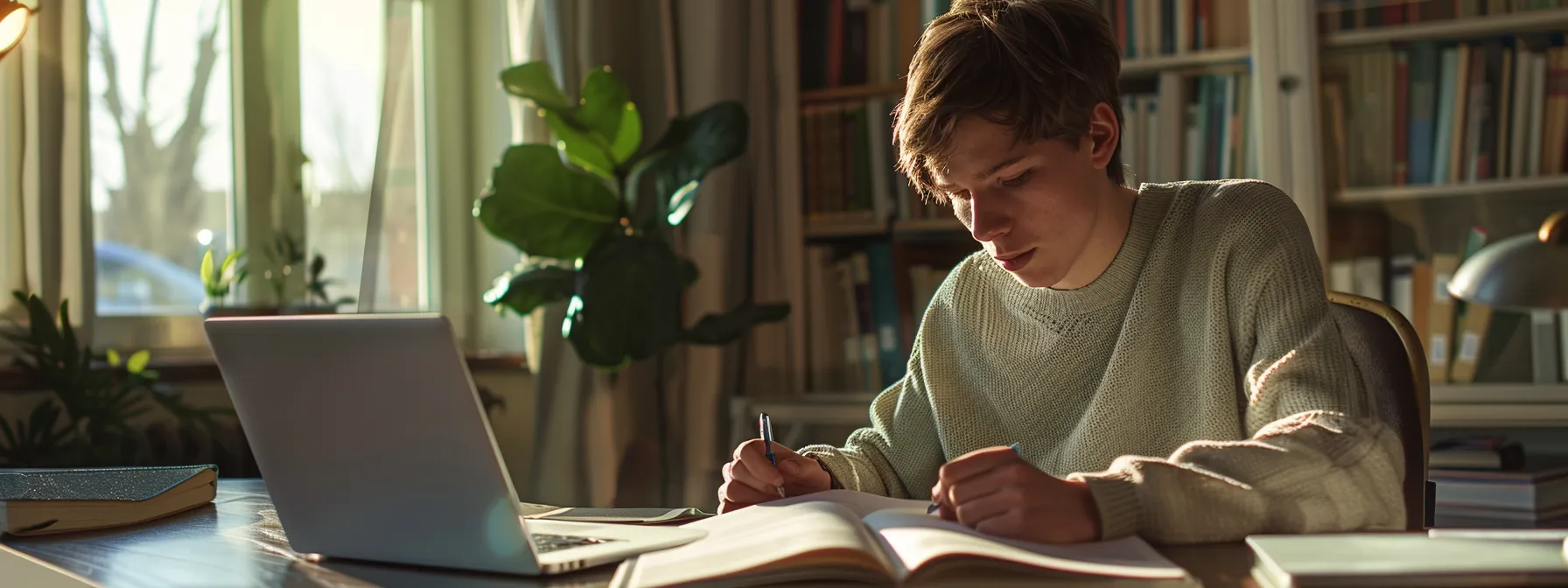 a person sitting at a desk with a notebook, pen, and laptop, deep in thought and reflection.