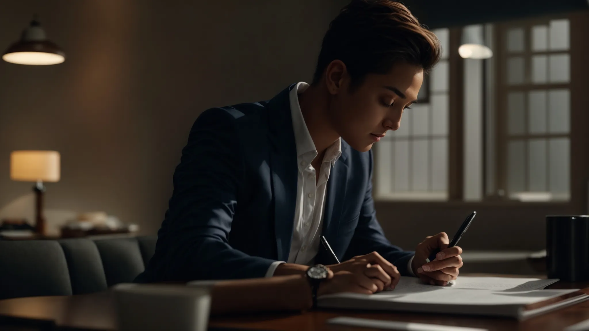 a person sitting at a desk with a pen and paper, deep in thought while reviewing their action plan.