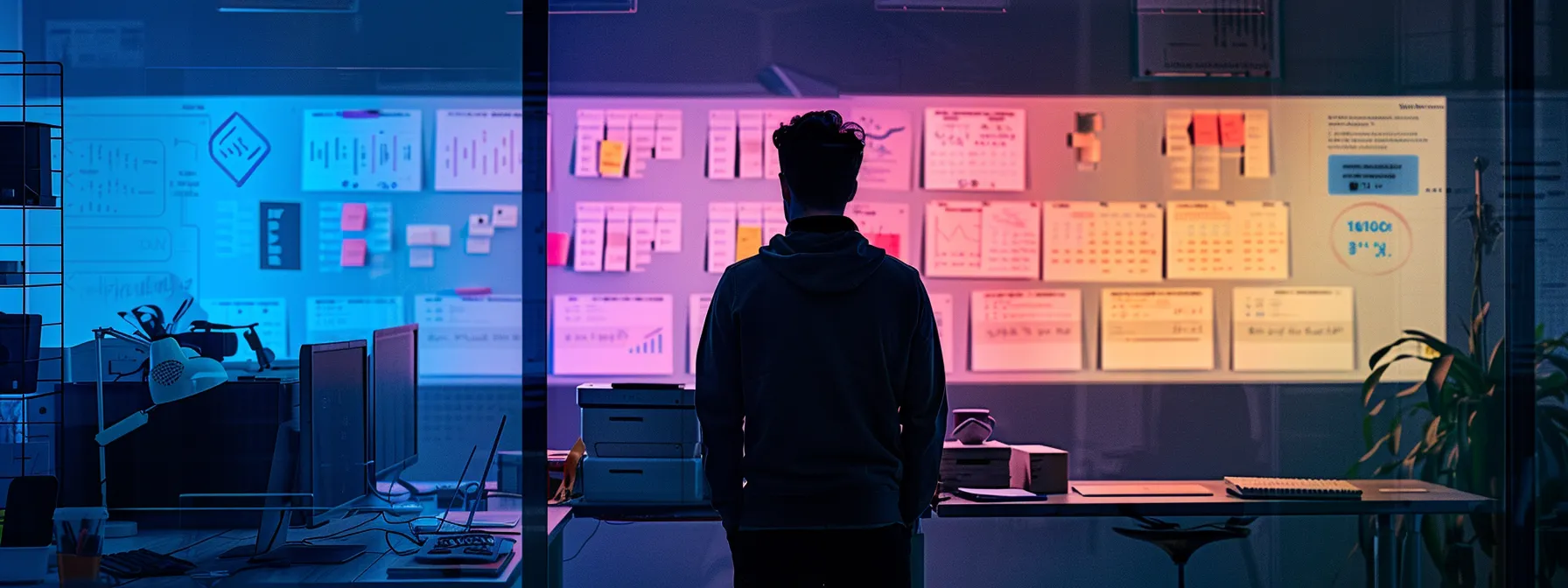 a person standing in front of a kanban board, mapping out their goals and resources for an action plan.