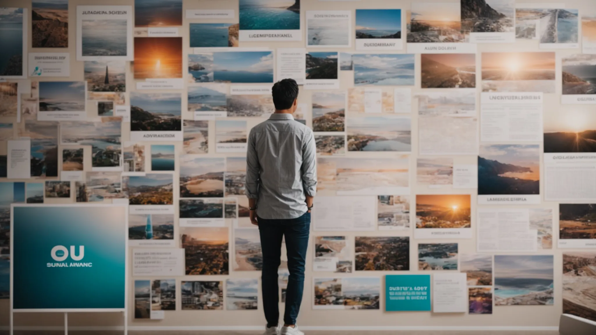 a person standing in front of a vision board with colorful images and words representing goals and milestones.