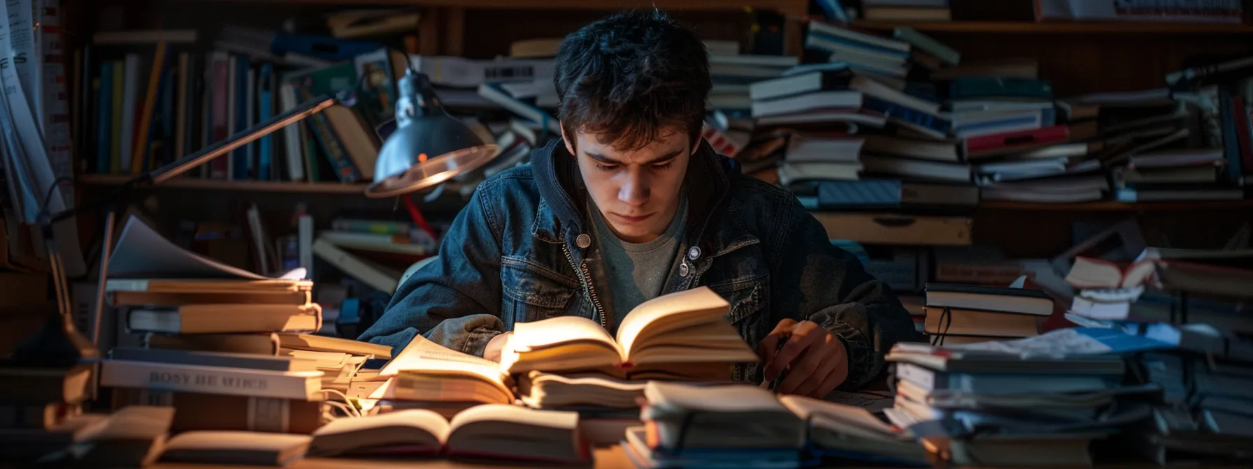 a person studying intensely surrounded by books and digital gadgets.