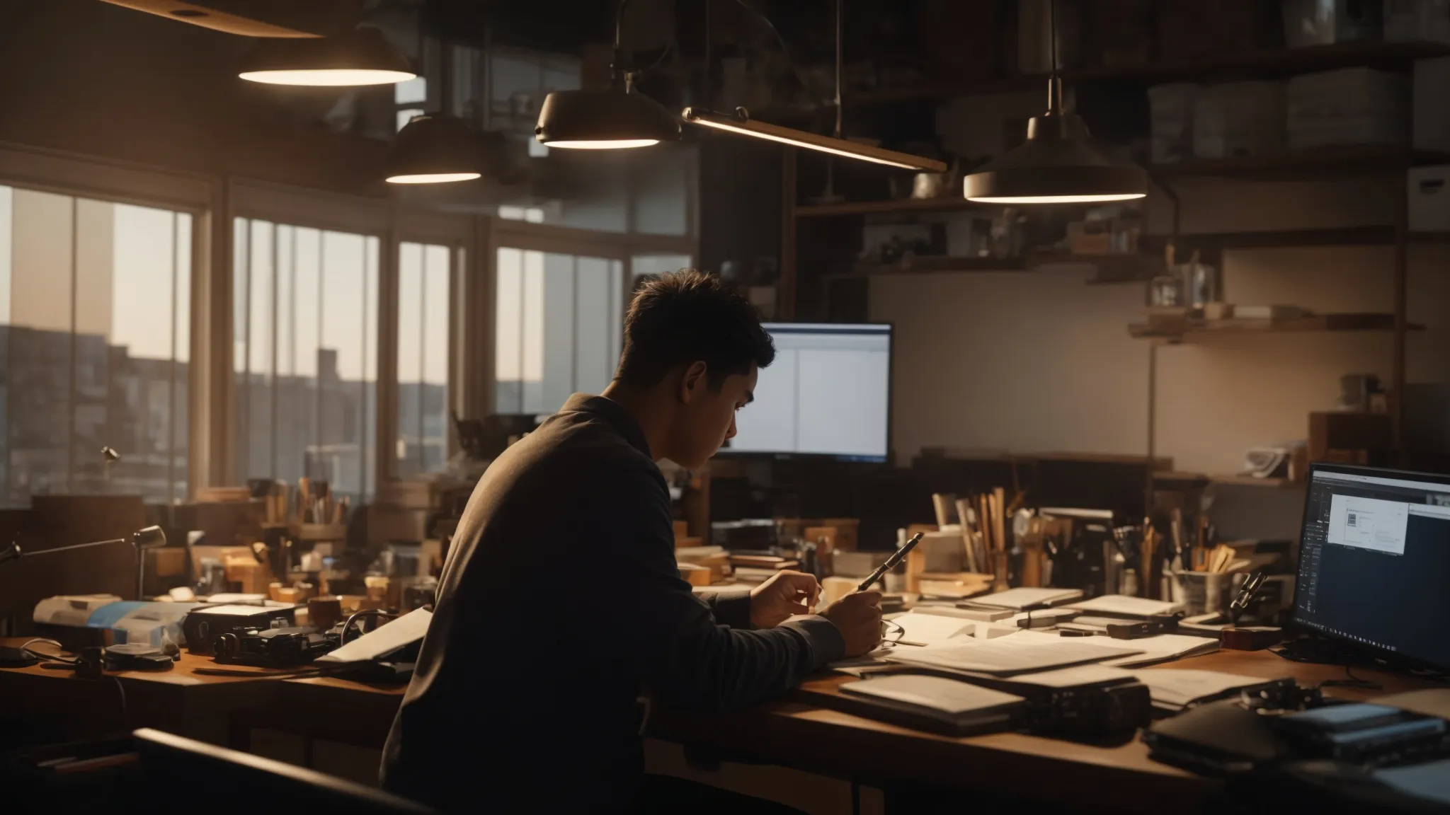 a person working diligently on a project, surrounded by tools and notes, with a look of determination and focus.