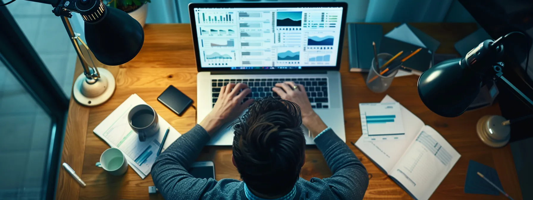 a person carefully reviewing feedback on a laptop screen, surrounded by notes and charts.