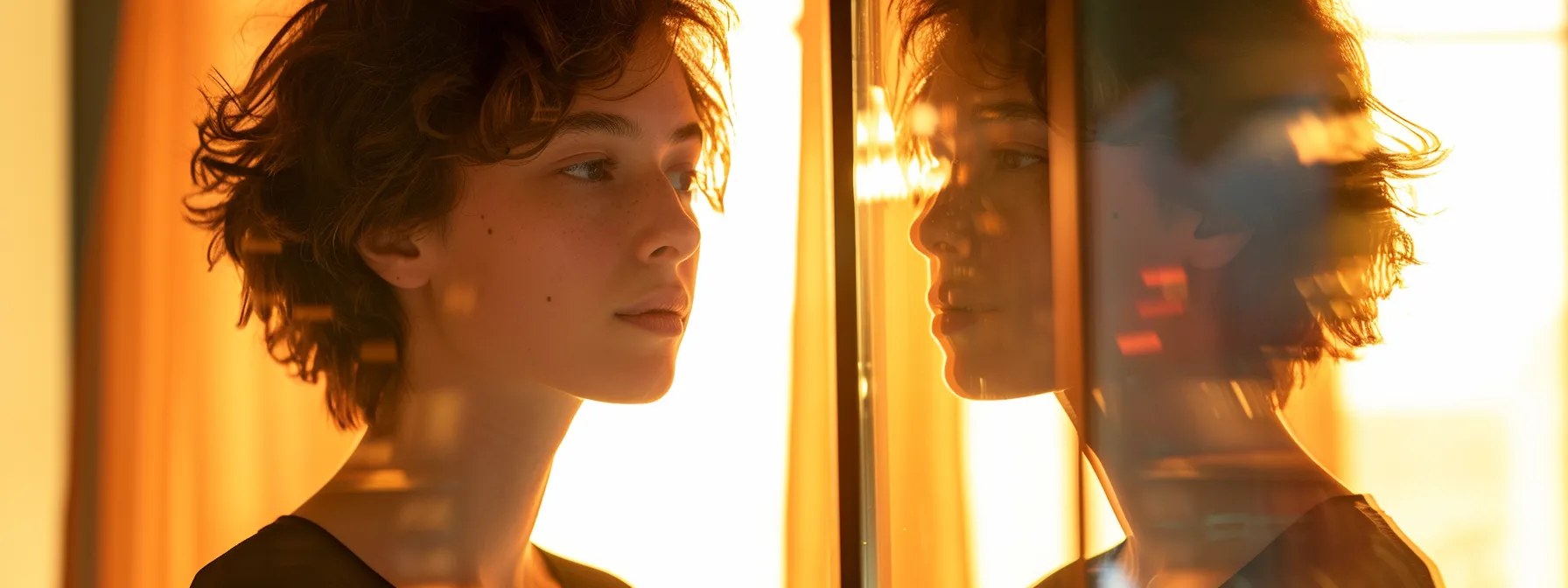 a person standing in front of a mirror, looking at their reflection with a thoughtful expression.