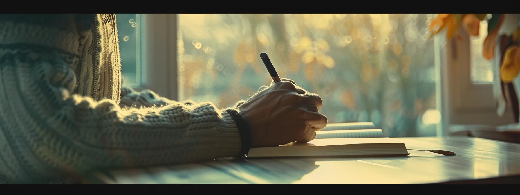 a person sitting at a desk with a notebook and pen, deep in thought while planning their goals and personal growth journey.