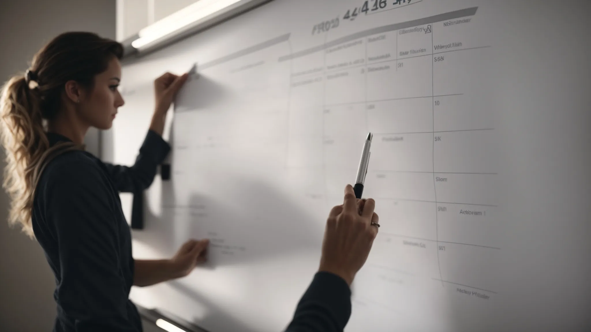 a person writing down specific goals on a whiteboard with a calendar and pen in hand.