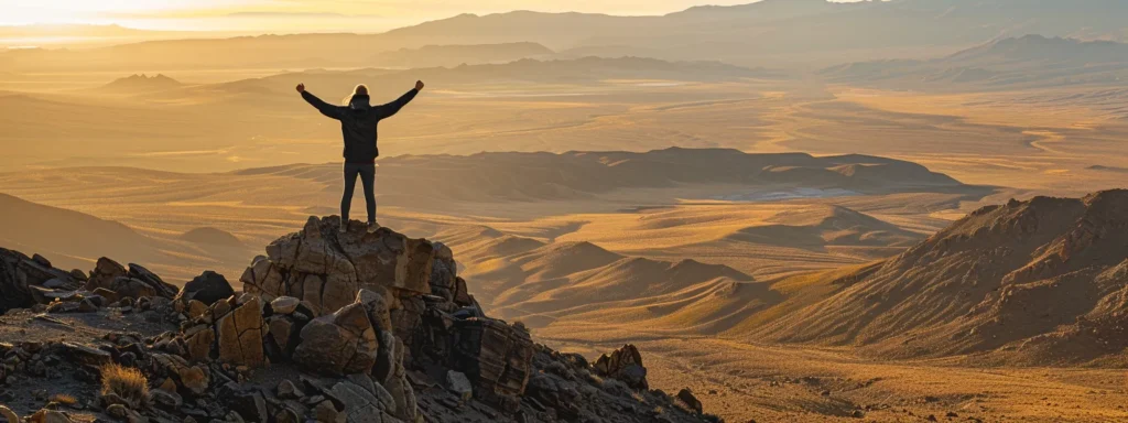 a person standing on a mountaintop with arms raised in triumph, looking out at a vast and expansive landscape.