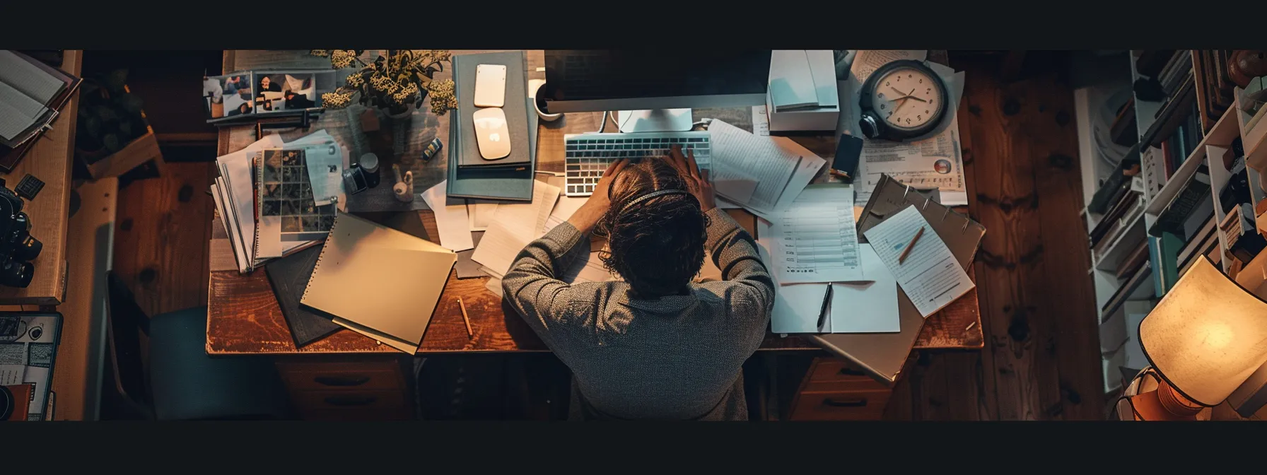 a person sits at a desk surrounded by various feedback sources such as a computer, books, and notes.