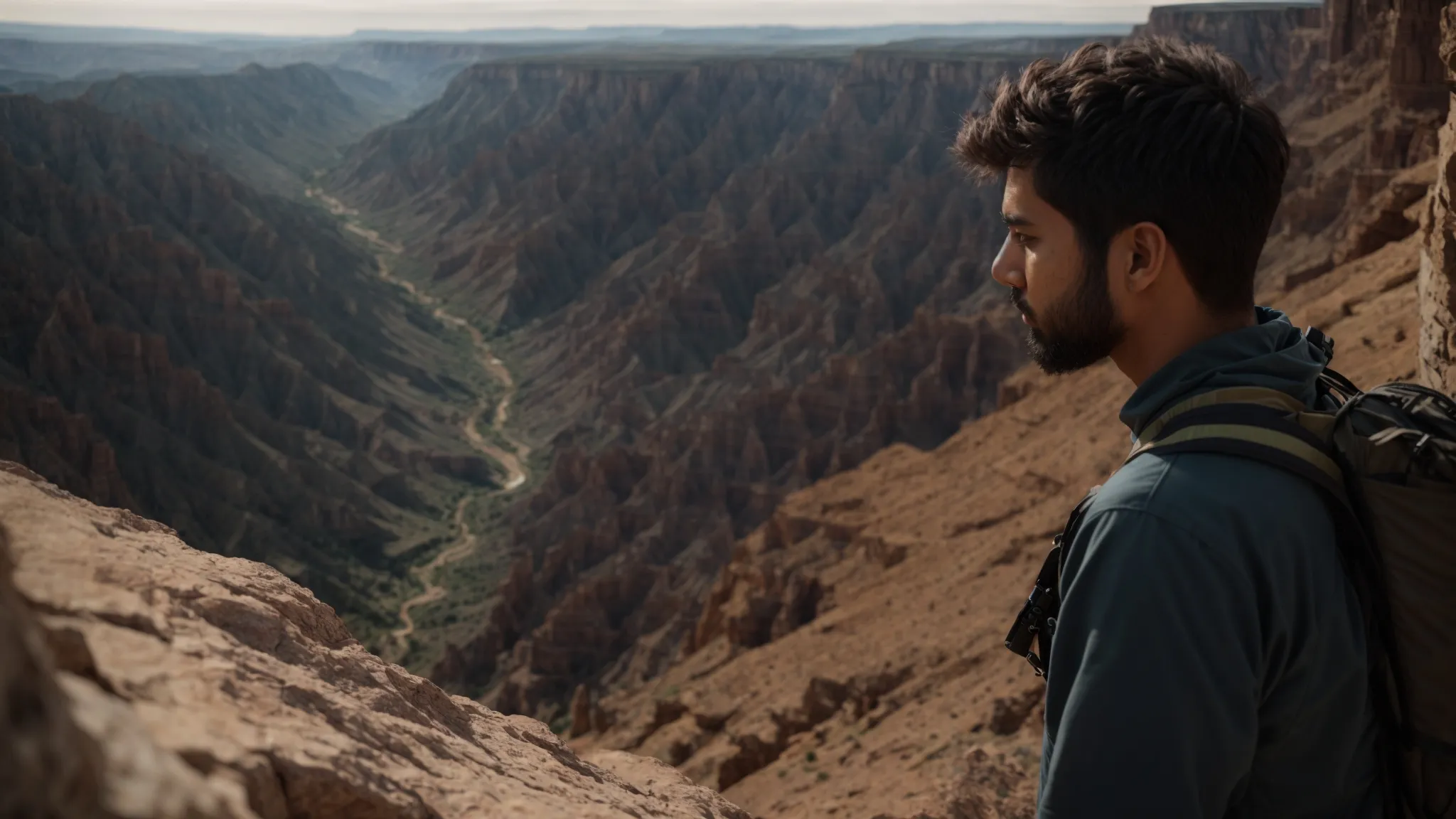 a person standing at the edge of a cliff, looking down at a deep canyon with determination and courage.