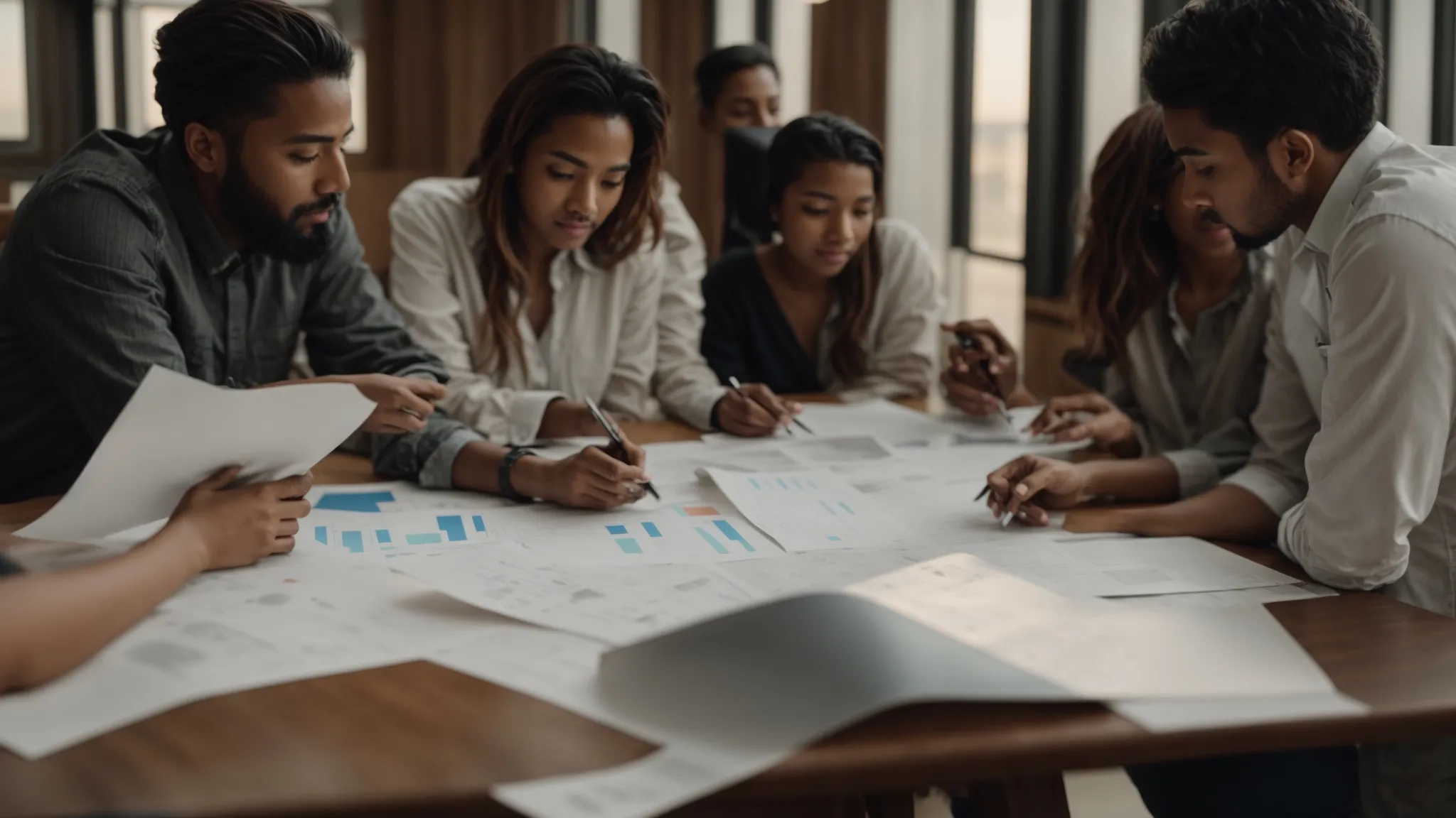 a group of diverse professionals engaged in deep discussion and strategizing around a table filled with charts and diagrams.