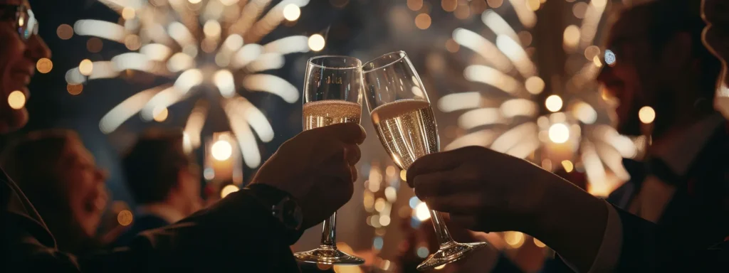 a group of business professionals celebrating with champagne as fireworks light up the night sky.