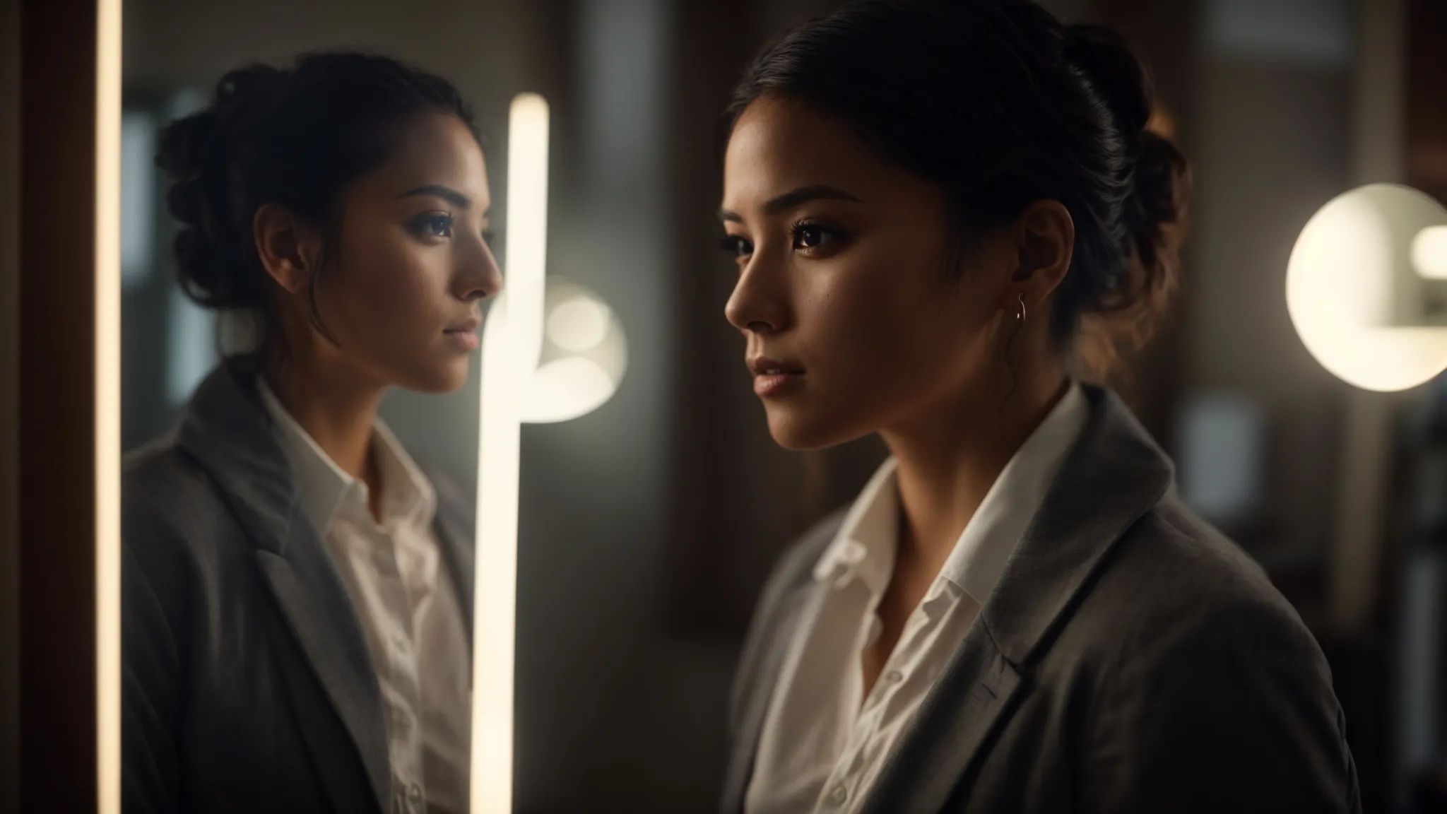 a person confidently standing in front of a mirror, looking determined and focused on their reflection.