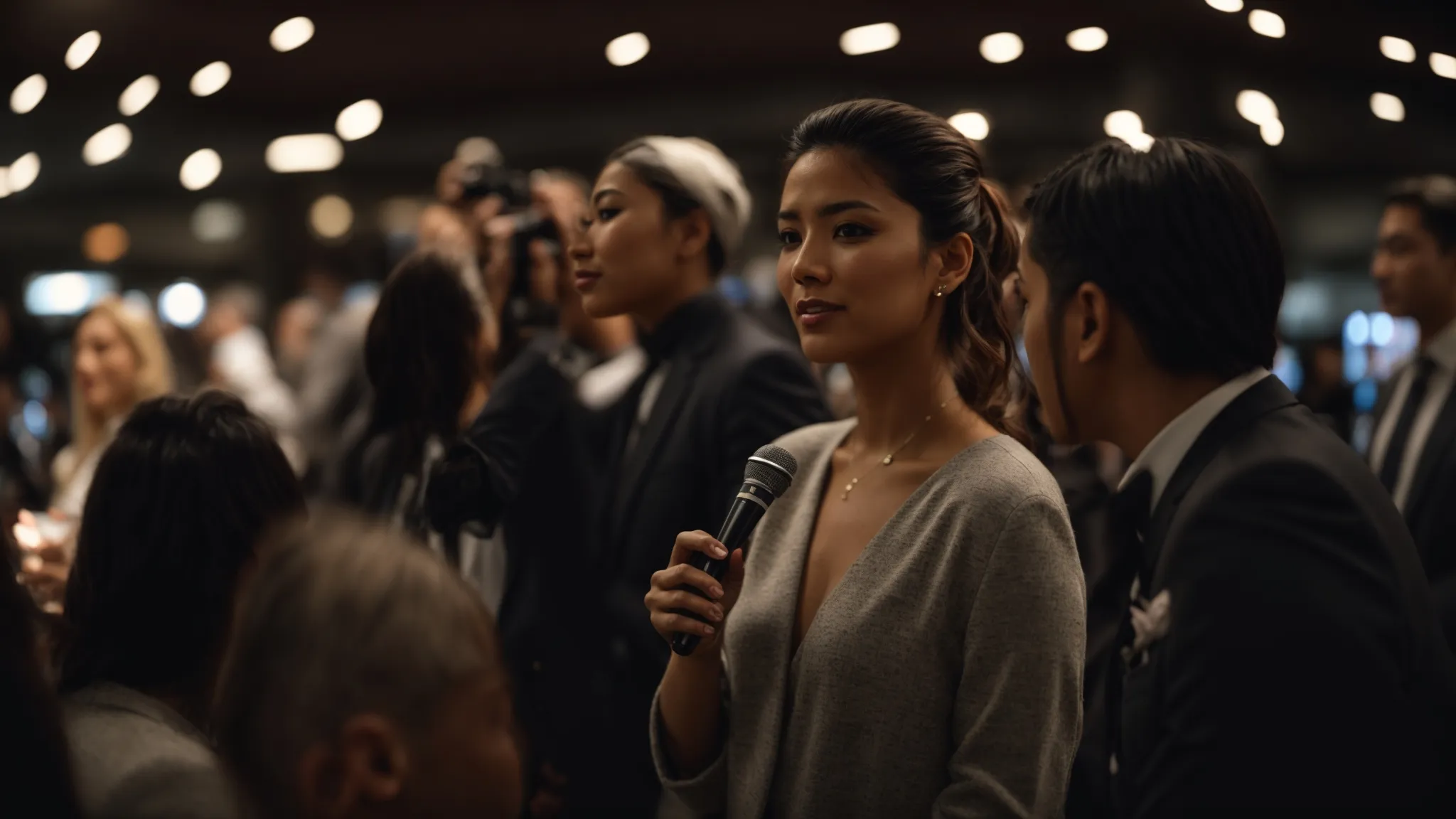 a person speaking confidently at a networking event, engaging with the audience through storytelling to enhance their personal brand.