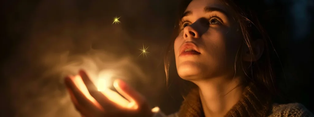 a person looking determined while reaching towards a glowing light in a dark room.