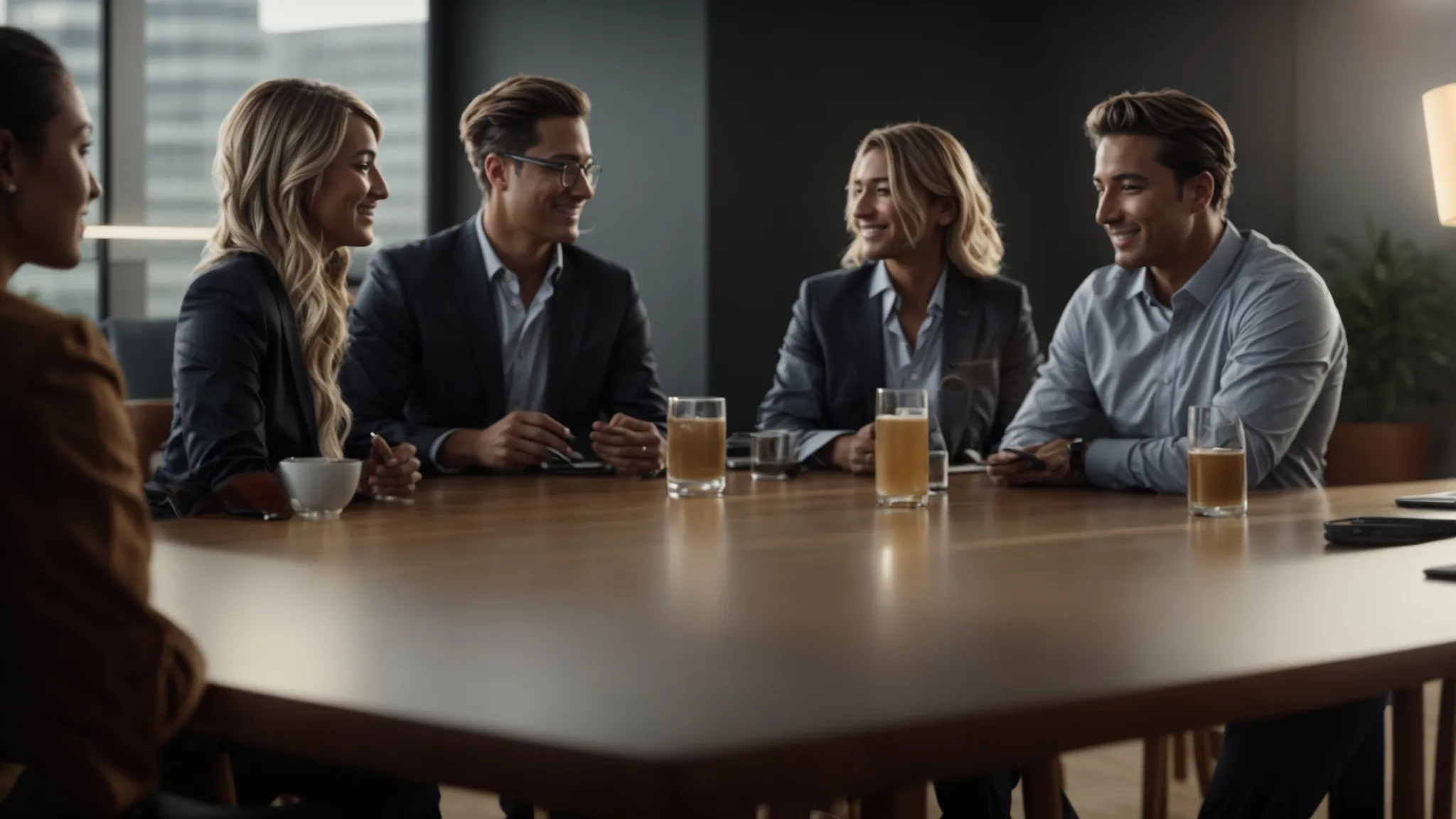 a group of business professionals discussing challenges with smiles on their faces.