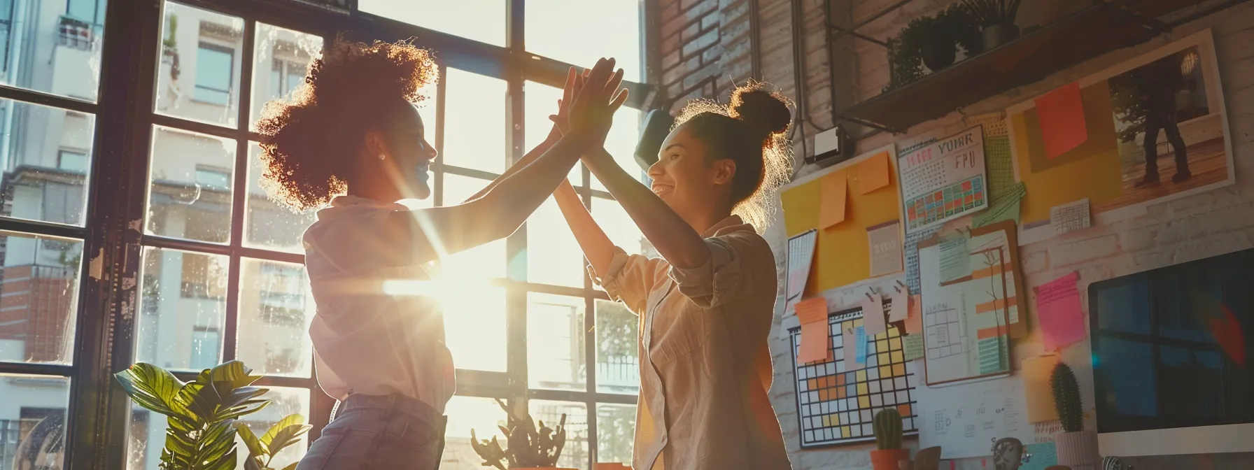 two people high-fiving each other, surrounded by a vision board and a checklist, celebrating their progress towards their goals.