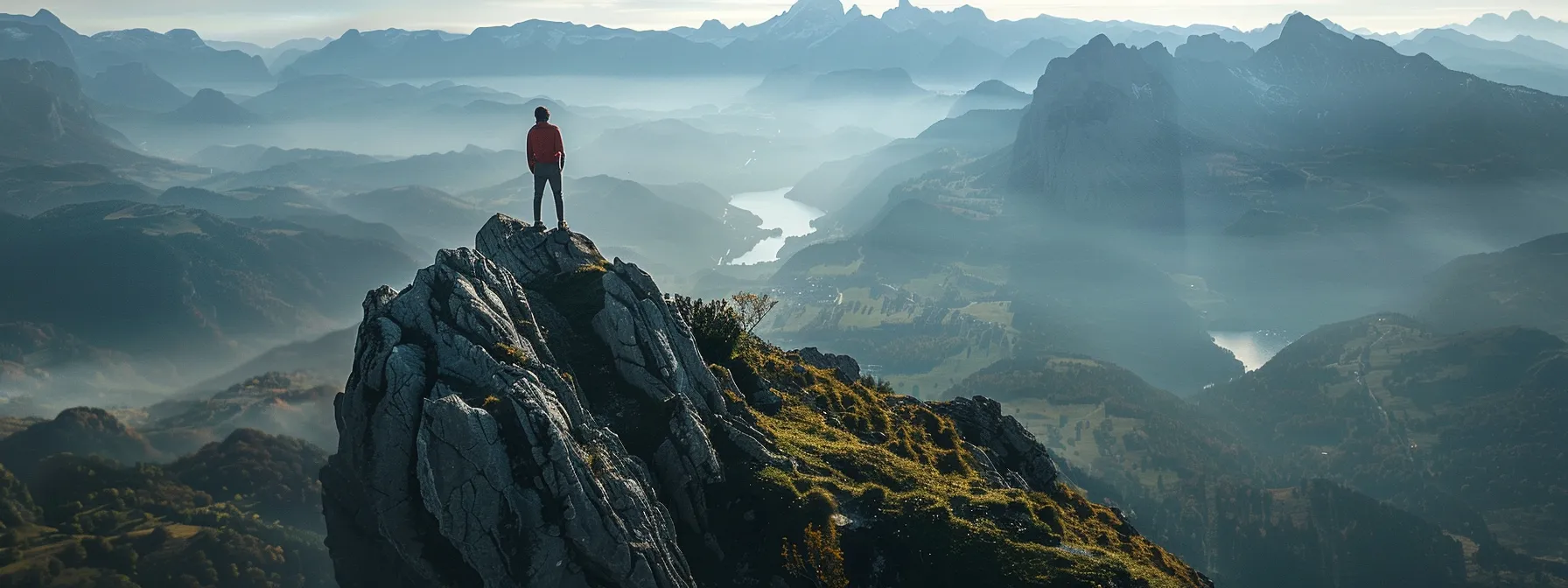 a person standing confidently at the edge of a mountain peak, overlooking a vast landscape of challenges ahead.