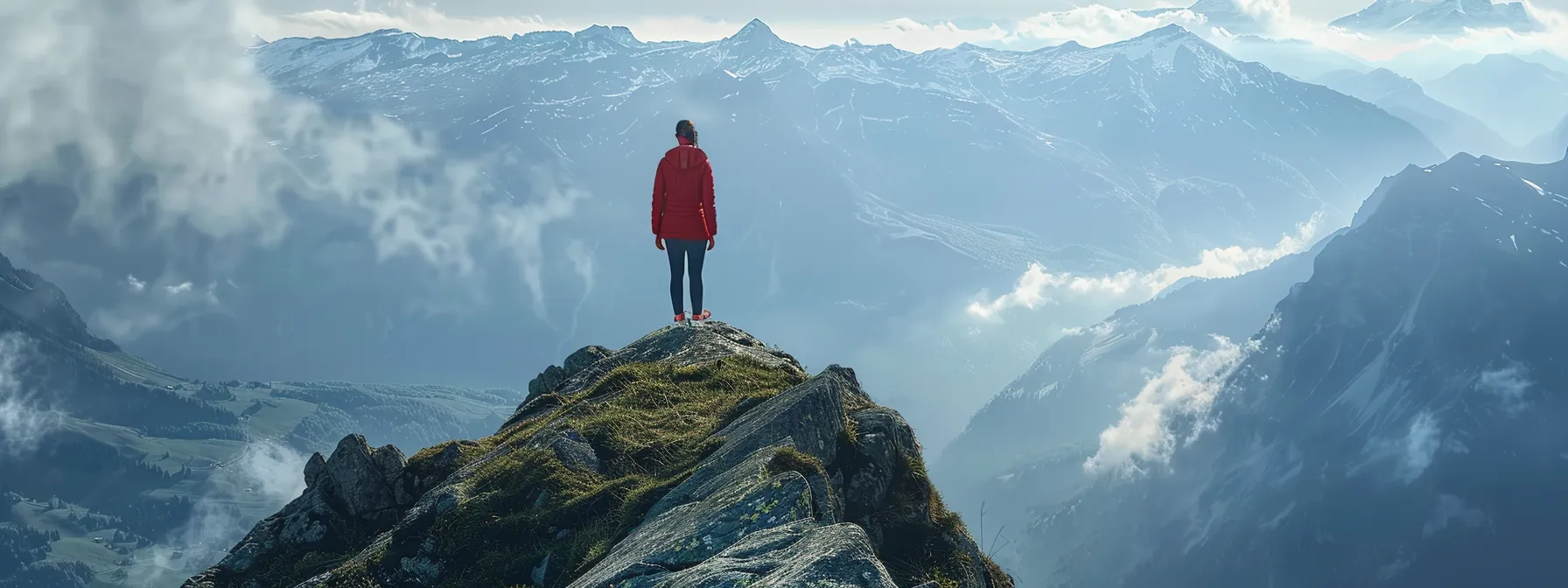 a person standing on a mountain summit, looking out at the expansive view below, with a determined and focused expression on their face.