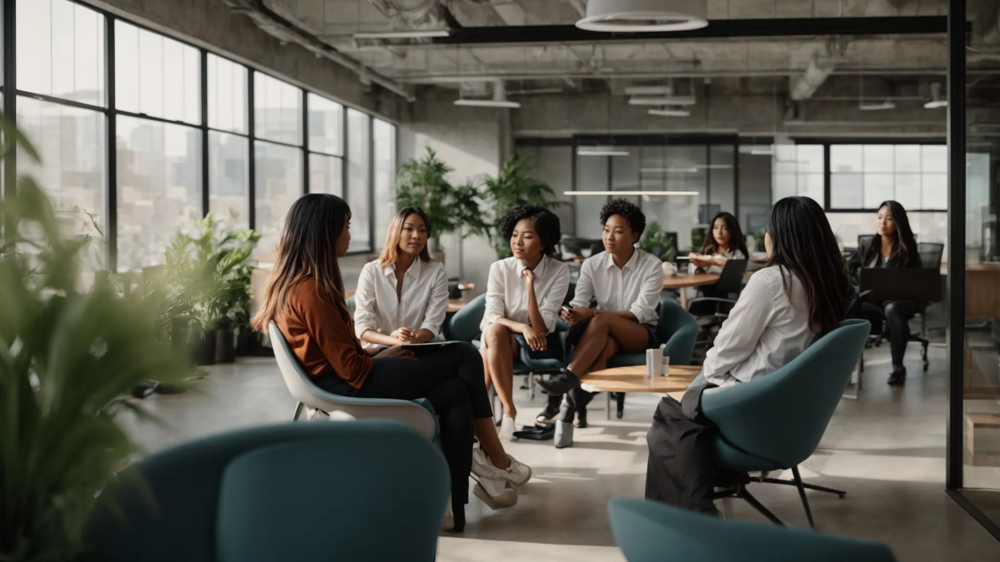 a diverse team of employees discussing and brainstorming ideas together in a bright, modern office space.