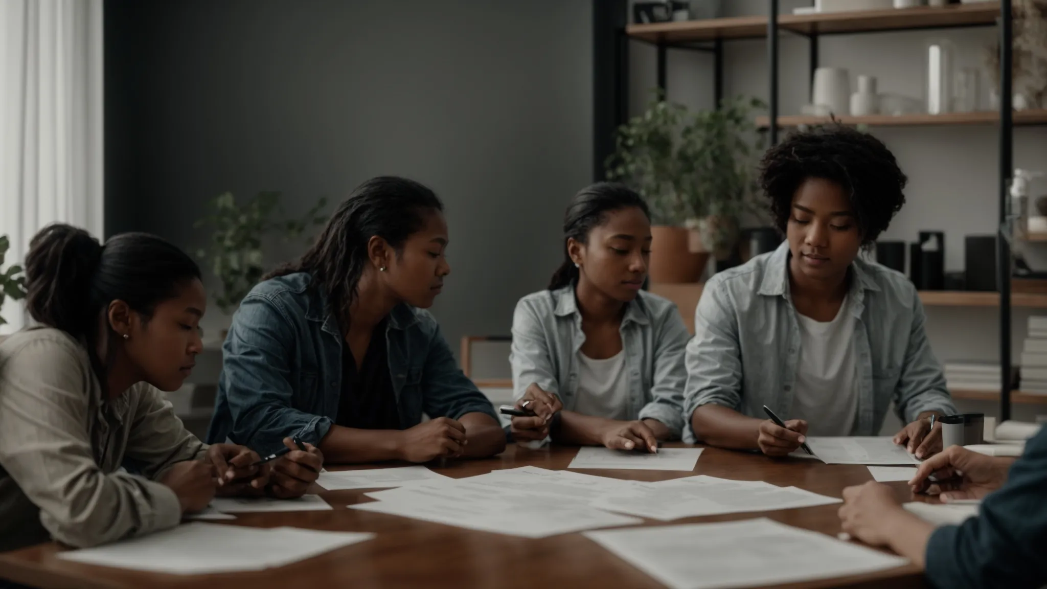 a group of people discussing and brainstorming ideas around a table covered with papers and charts.