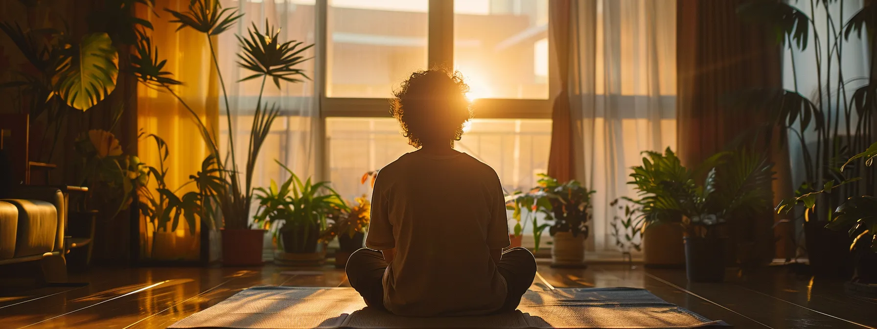 a person sitting in a quiet, clutter-free room, practicing visualization techniques for habit formation.