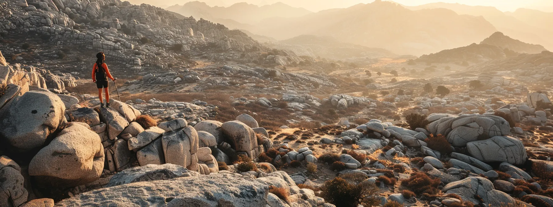 a determined person carefully navigating over large rocks in a challenging landscape.