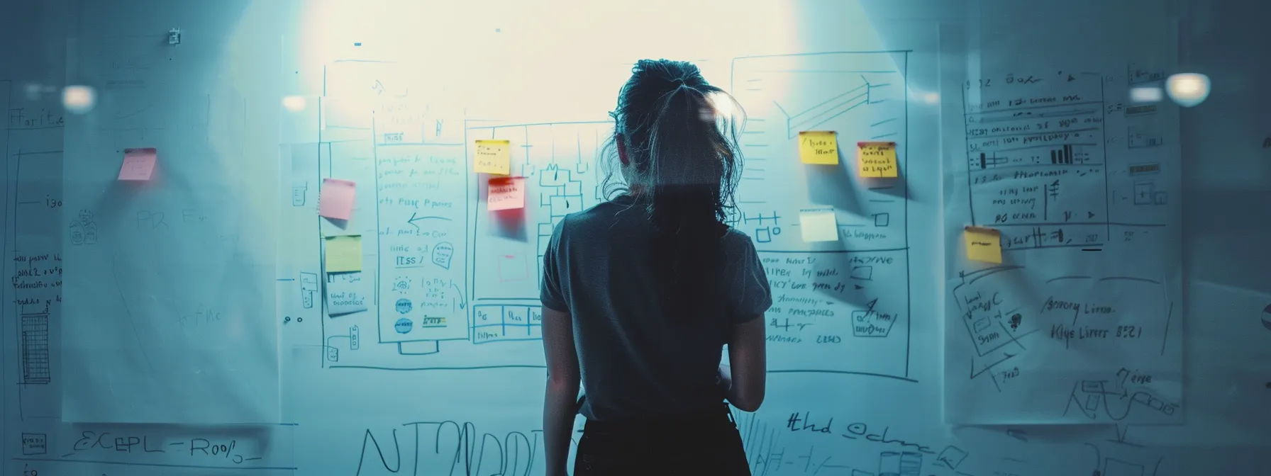 a person drawing a clear path on a large whiteboard with markers and post-it notes.