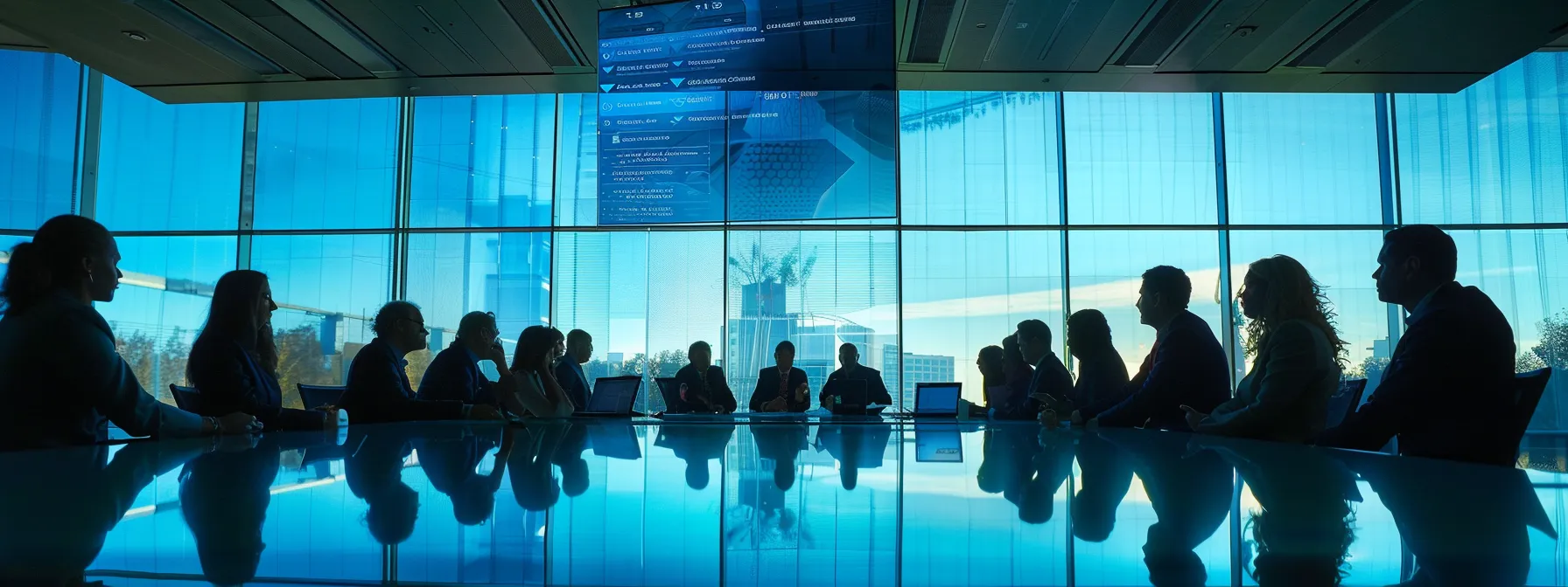 a group of professionals gathered around a large conference table, discussing strategies and reviewing charts and graphs showing growth and market position.