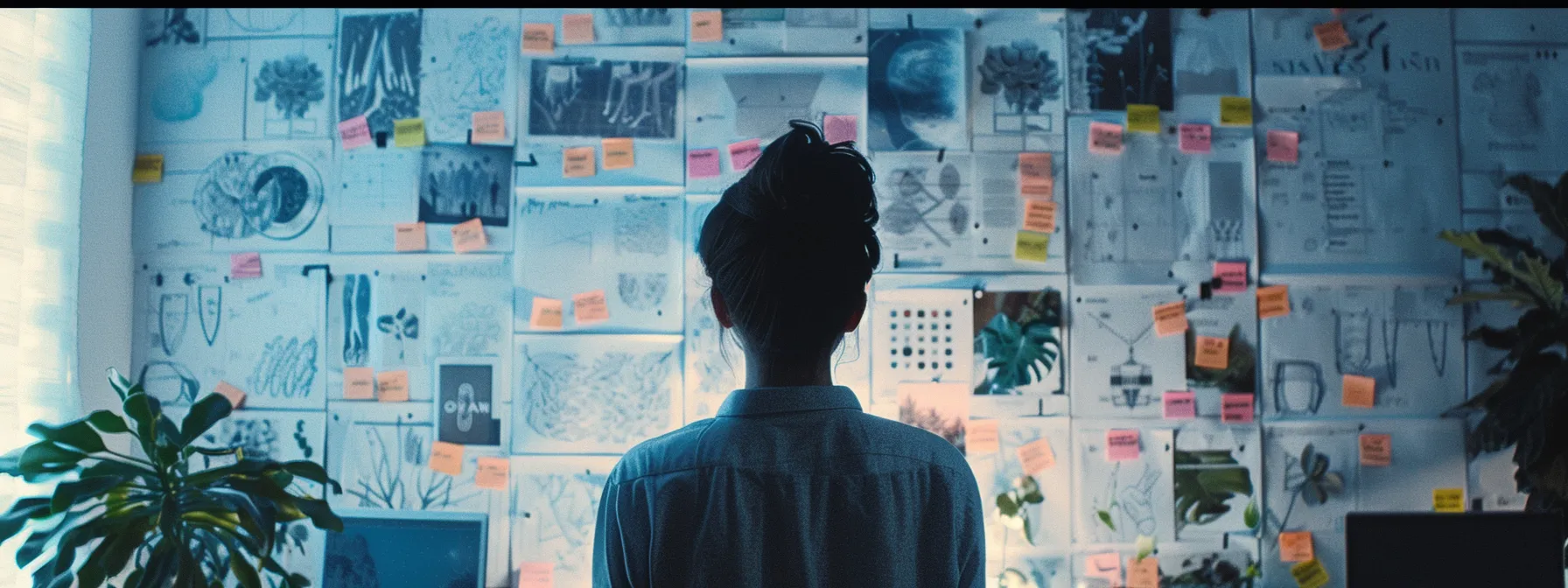 a person standing in front of a vision board filled with inspiring images and words, surrounded by sticky notes outlining their structured plan for achieving quantum goals.