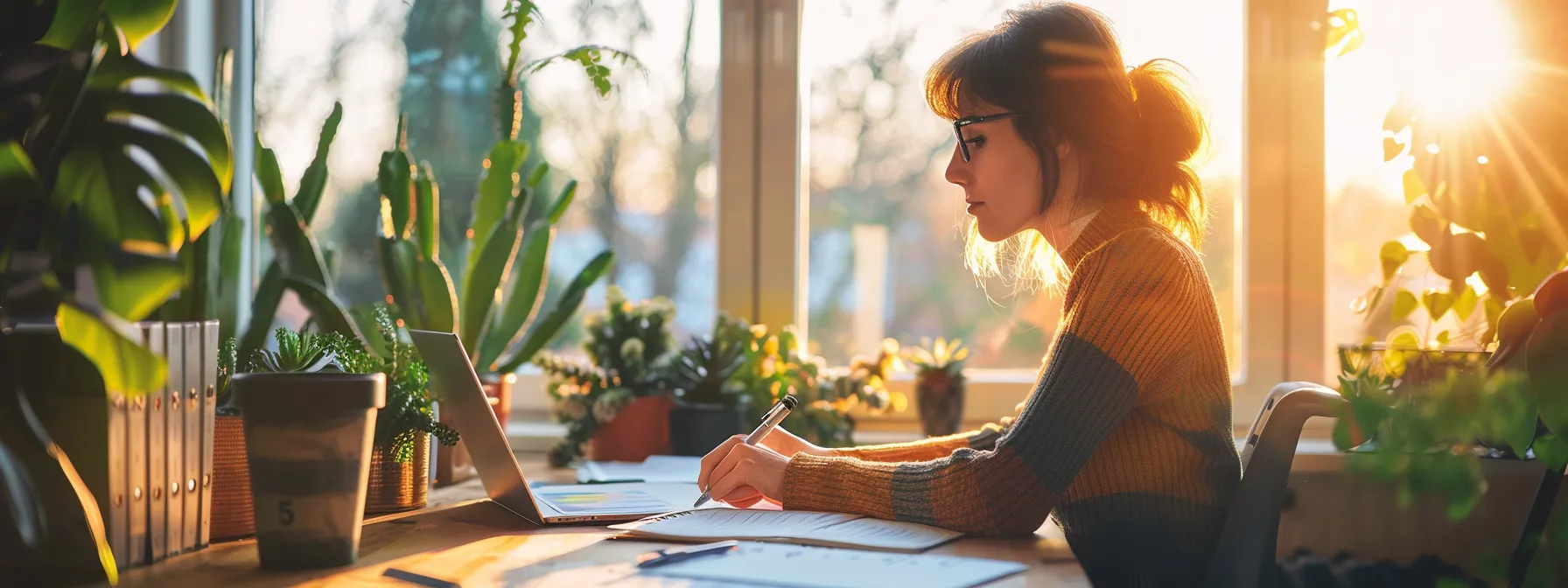 a person sitting at a desk with a notebook and pen, deep in thought while looking at a list of well-defined goals.