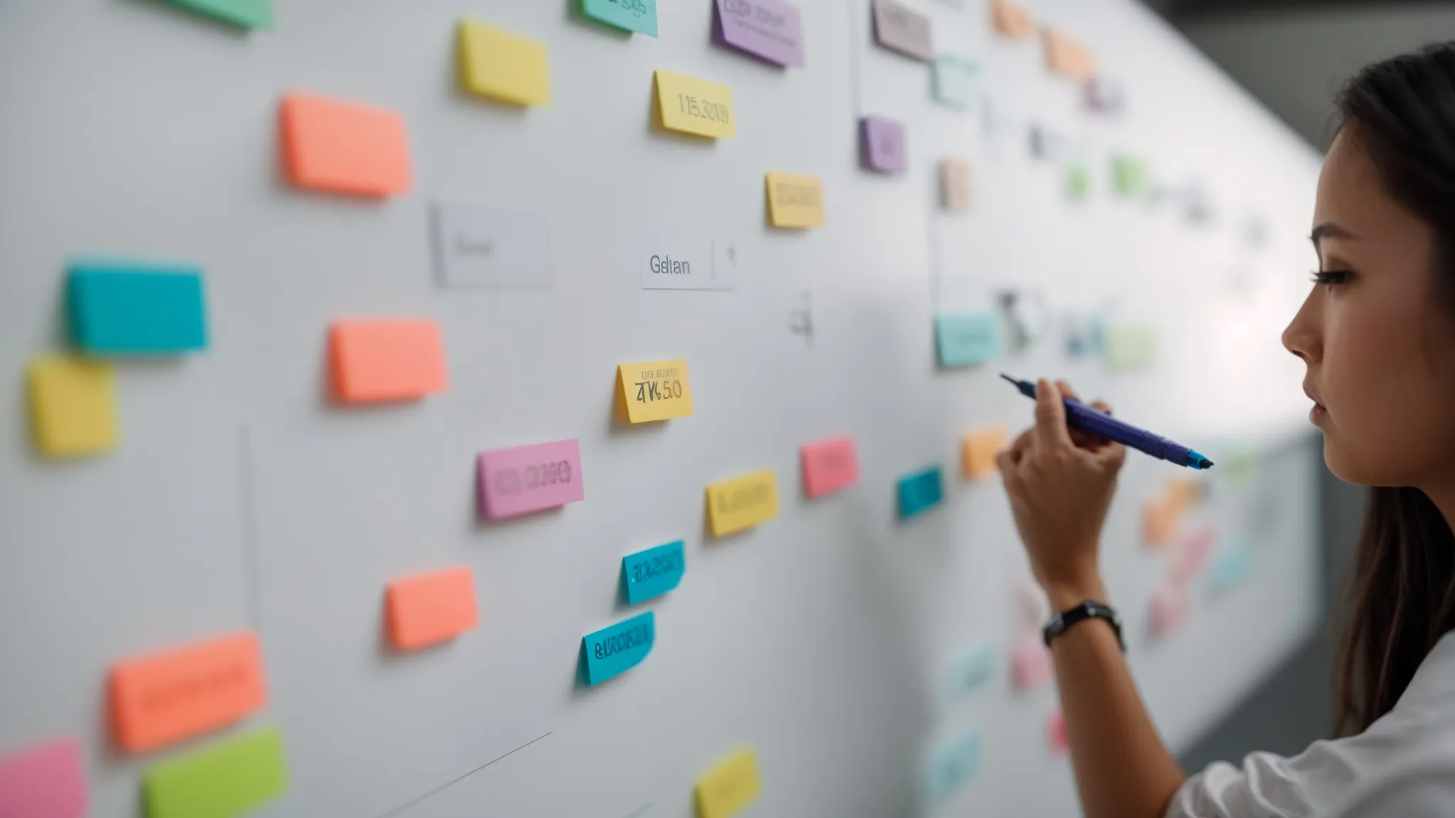 a person writing on a whiteboard with colorful markers to set specific and achievable goals.