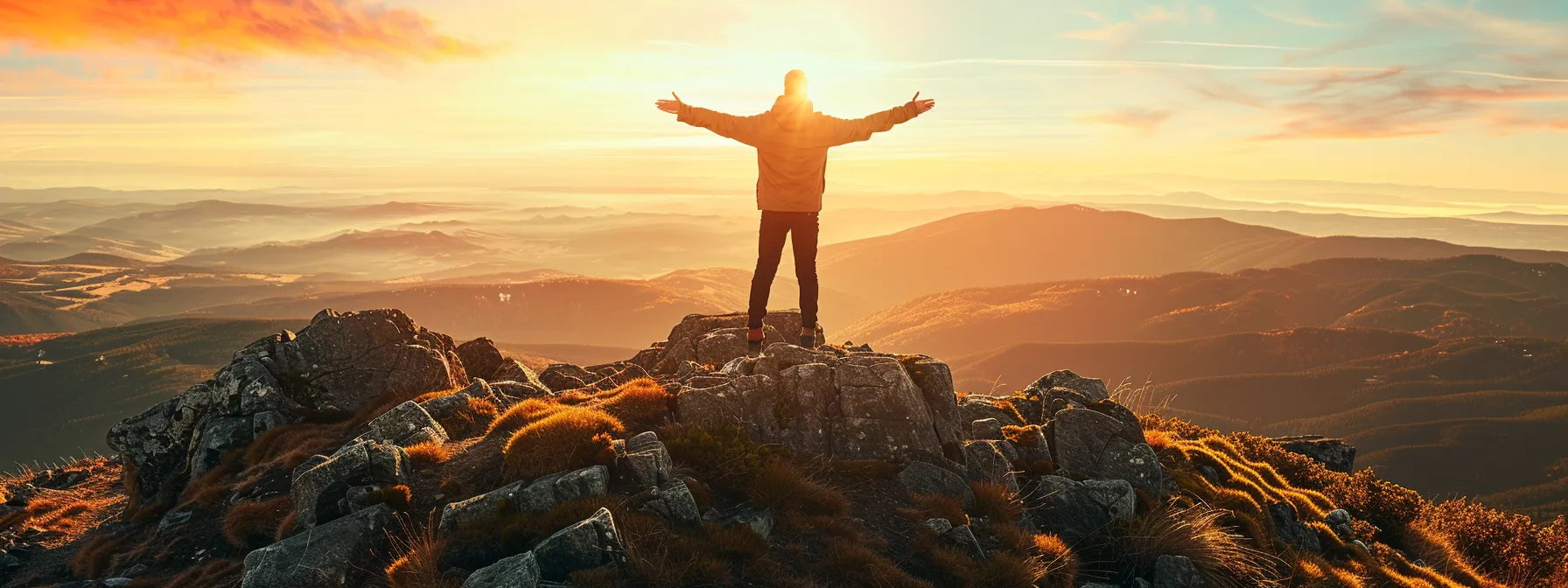 a person standing on a mountain top with arms outstretched, looking towards the vast horizon.