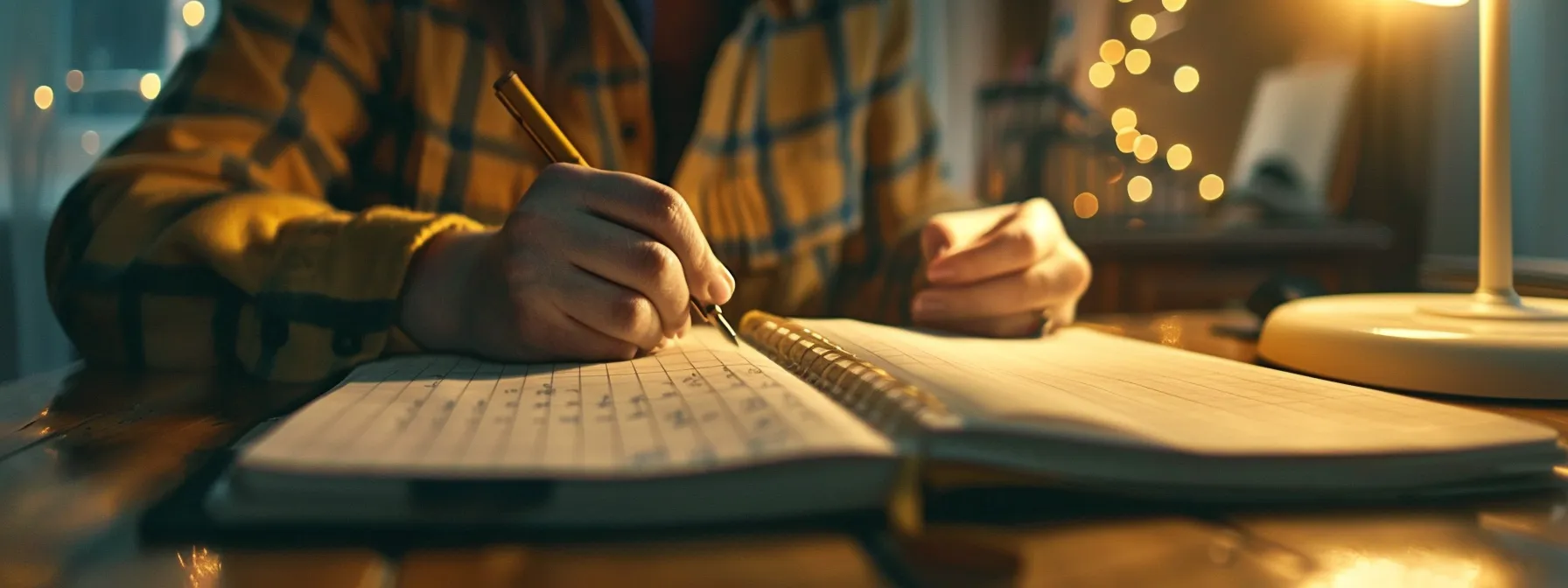 a person sitting at a desk with a notebook and pen, writing down specific and measurable goals for their action plan.