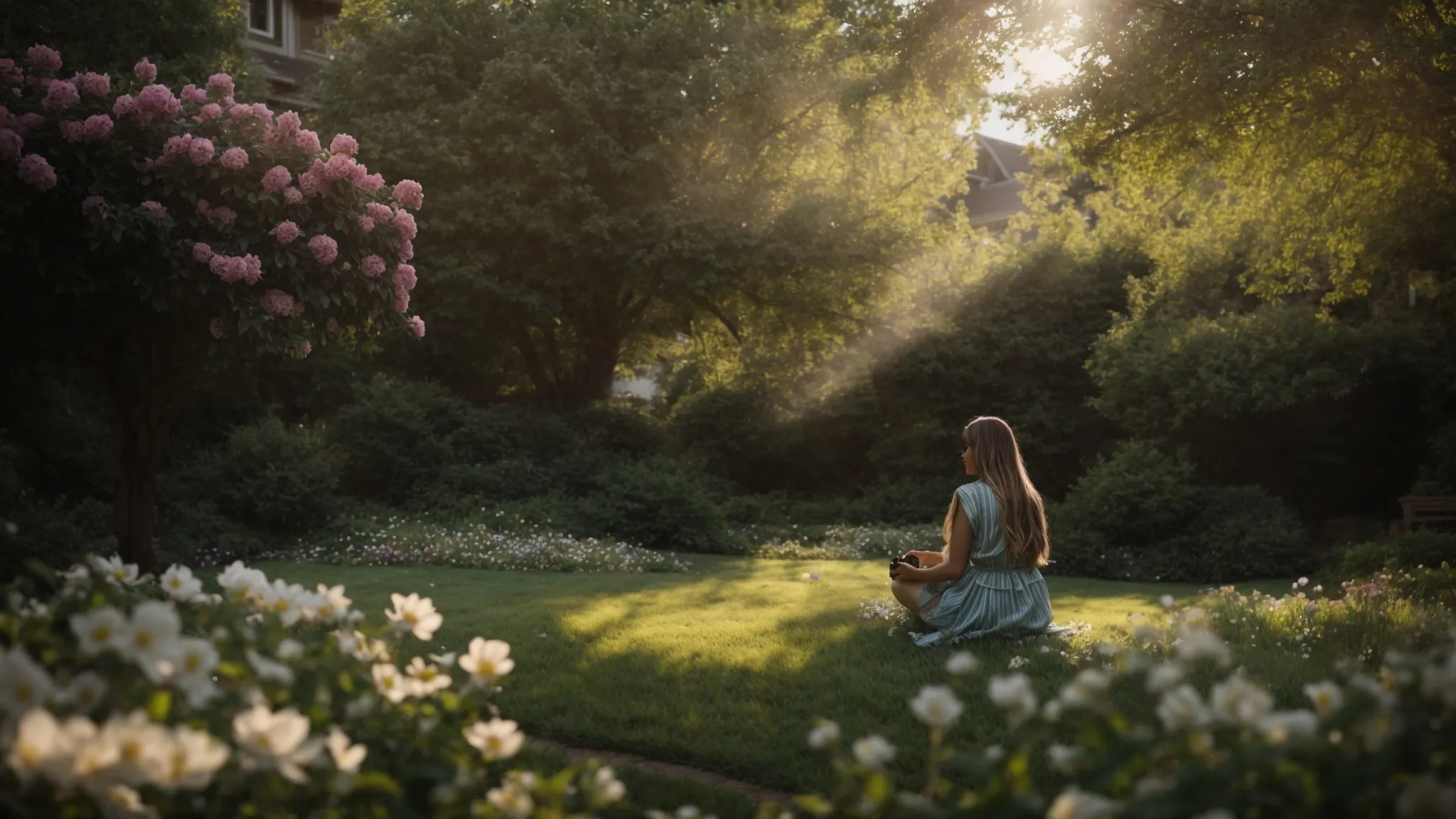 a person sitting in a peaceful garden, surrounded by blooming flowers and gently swaying trees, feeling a sense of calm and tranquility.