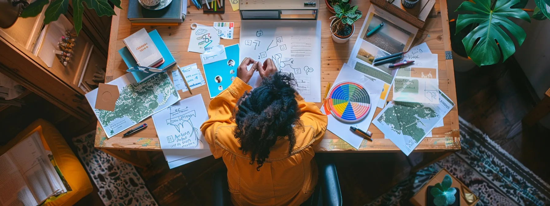 a person sitting at a desk with a vision board, milestone markers, and mentorship resources scattered around, reflecting on their core values and mapping out their personal development goals.