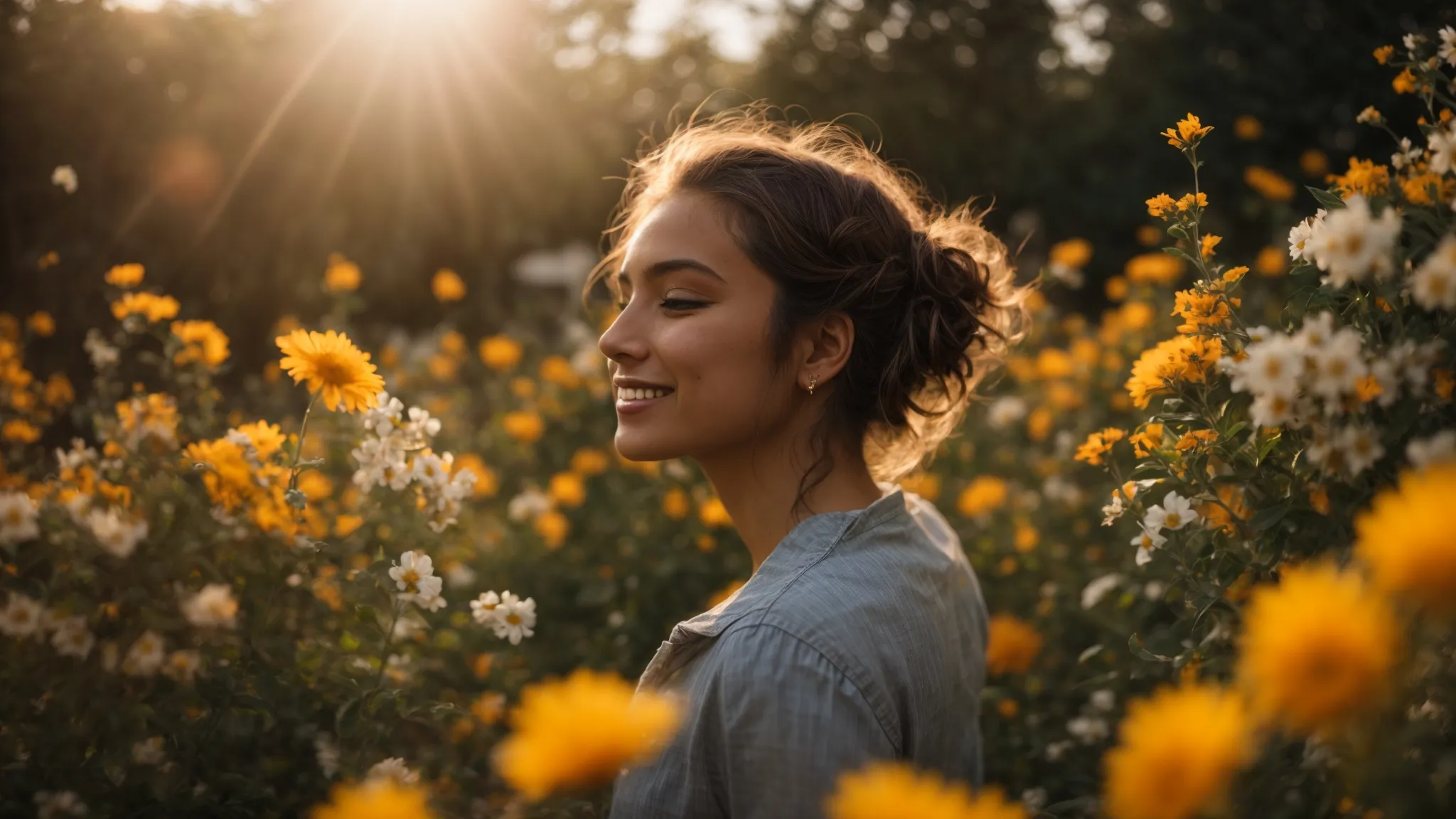 a person surrounded by blooming flowers, smiling and looking towards the sun.