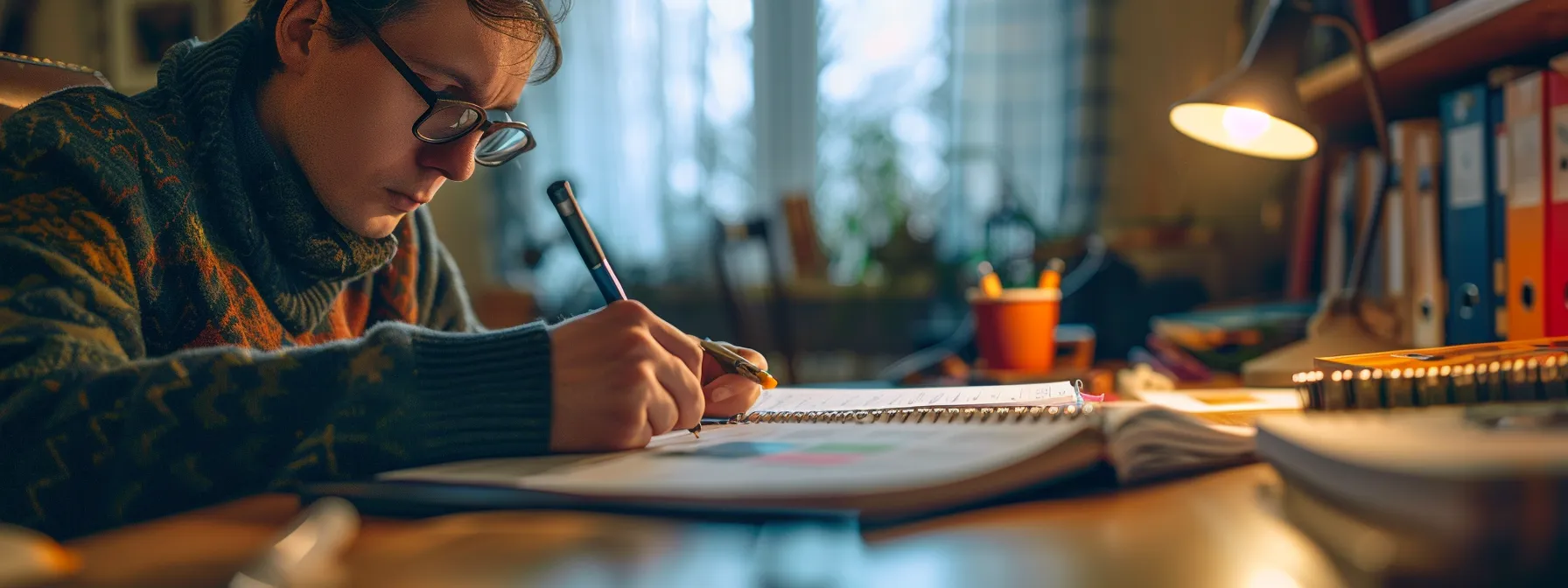 a person sitting at a desk with a notebook, pen, and calendar, deep in thought and reflection.