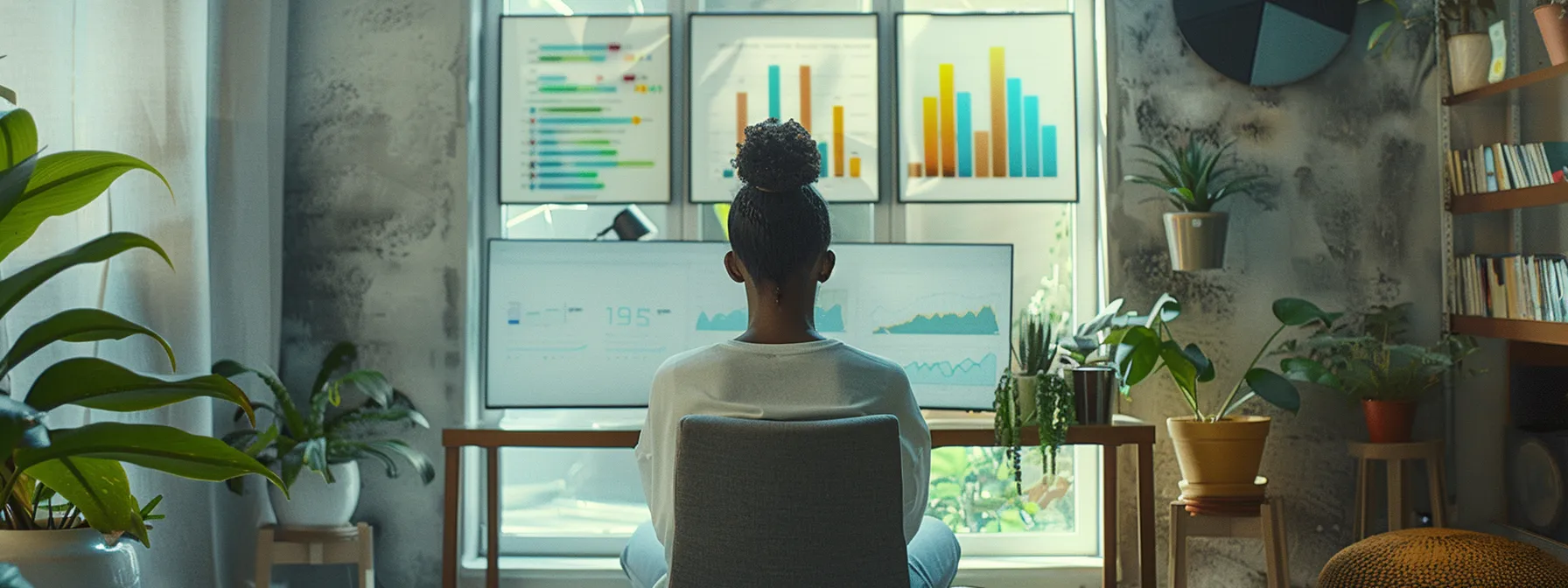 person sitting in a calm, organized and minimalistic workplace with visualization charts and calming colors.