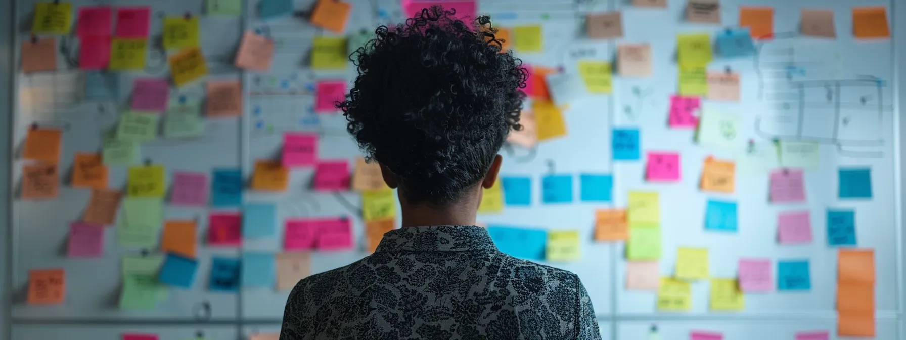 a person looking at a whiteboard with different colored post-it notes representing tasks of varying importance.