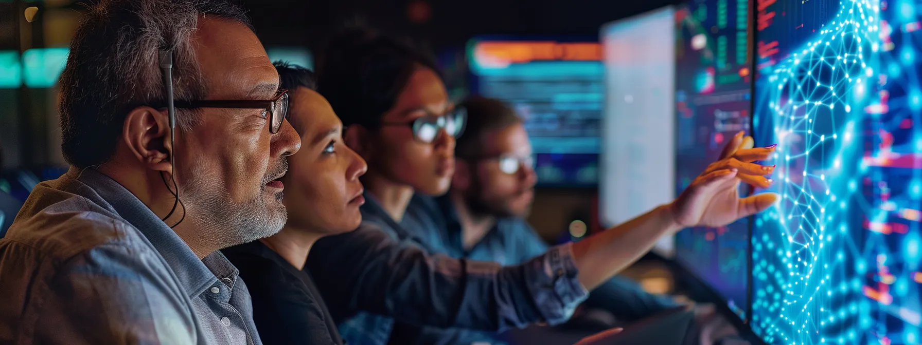 a diverse team of professionals discussing and analyzing data on computer screens during a strategy meeting.